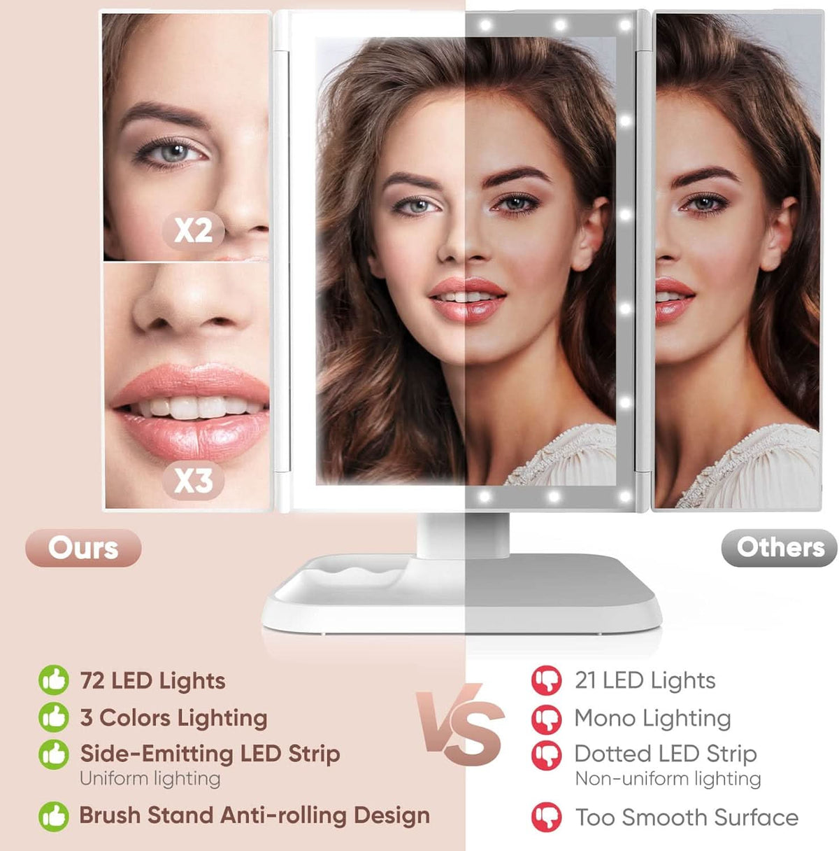 Miroir LED pliable à 3 volets pour maquillage précis